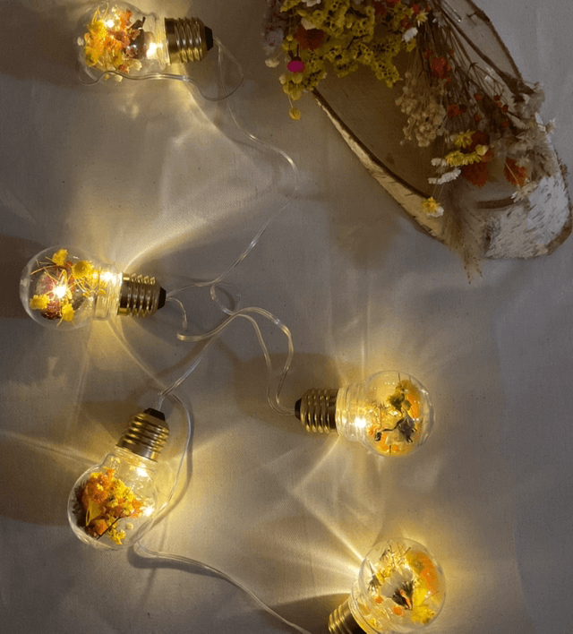 Guirlande lumineuse à led de fleurs séchées.